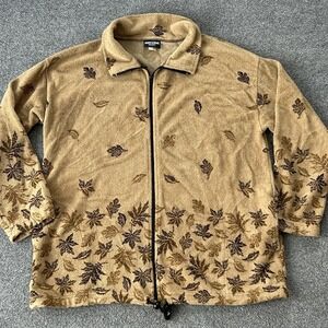 Awesome Wear‎ Jacket Womens 2X Beige Fleece Leaf Print Full Zip USA Made Vintage